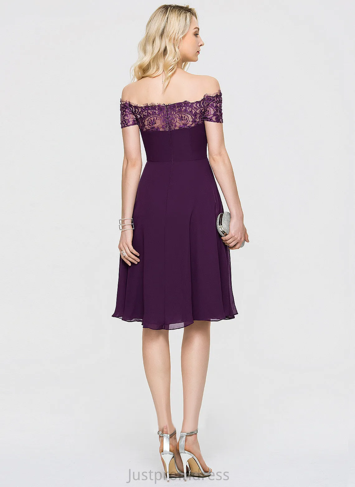 A-Line Cocktail Dresses Beading Knee-Length Chiffon Lace Lace Off-the-Shoulder With Angelica Cocktail Dress