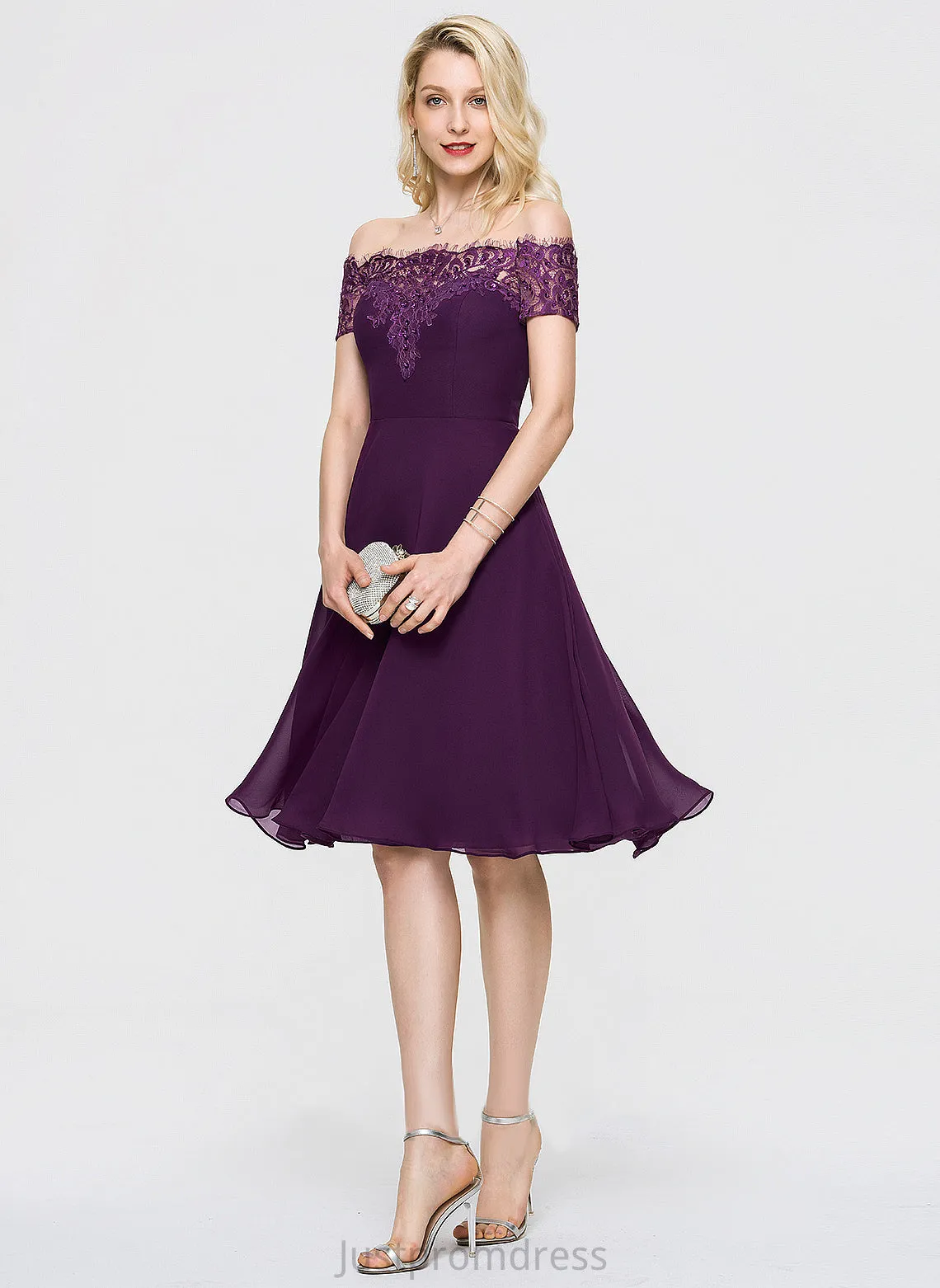 A-Line Cocktail Dresses Beading Knee-Length Chiffon Lace Lace Off-the-Shoulder With Angelica Cocktail Dress