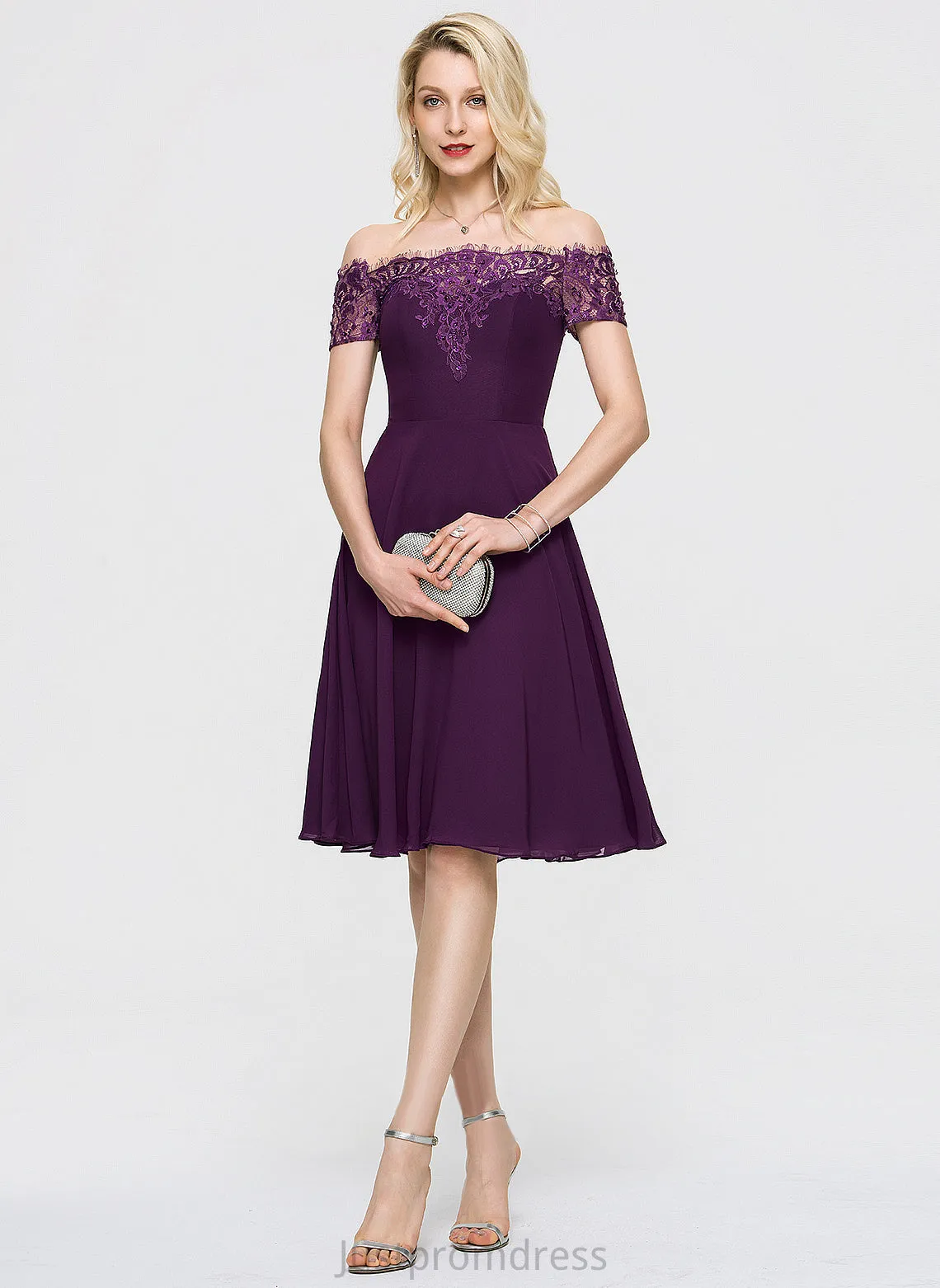 A-Line Cocktail Dresses Beading Knee-Length Chiffon Lace Lace Off-the-Shoulder With Angelica Cocktail Dress