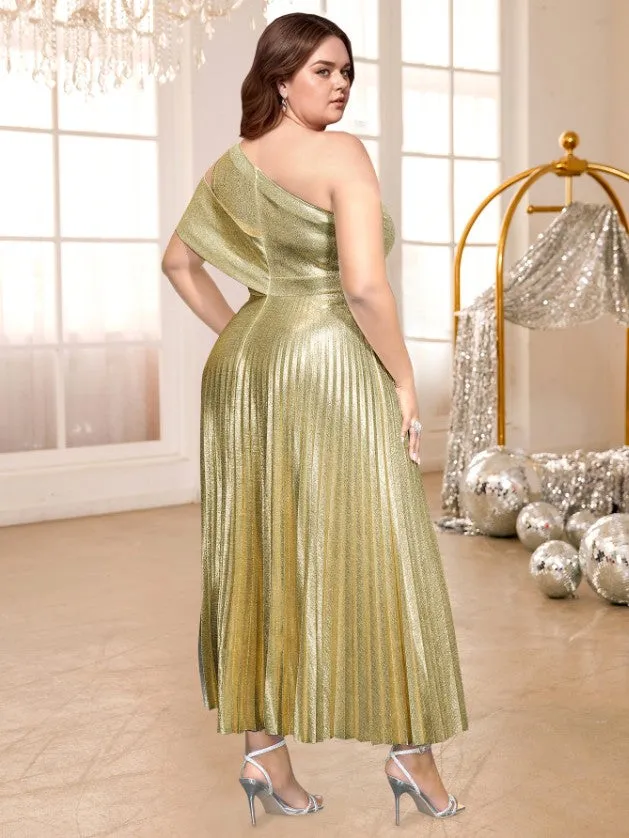 AOMEIDRESS Gold Shiny Pleated Dress One Shoulder Diagonal Collar