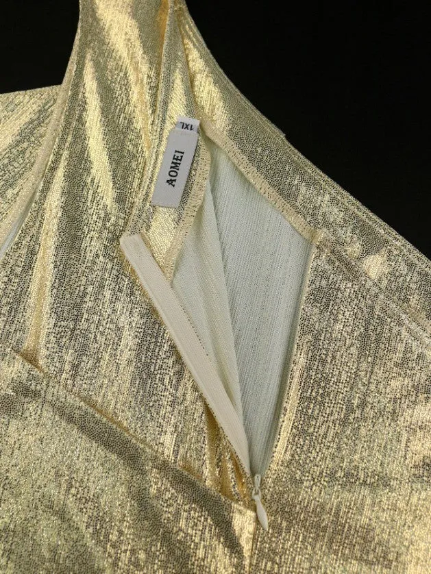 AOMEIDRESS Gold Shiny Pleated Dress One Shoulder Diagonal Collar