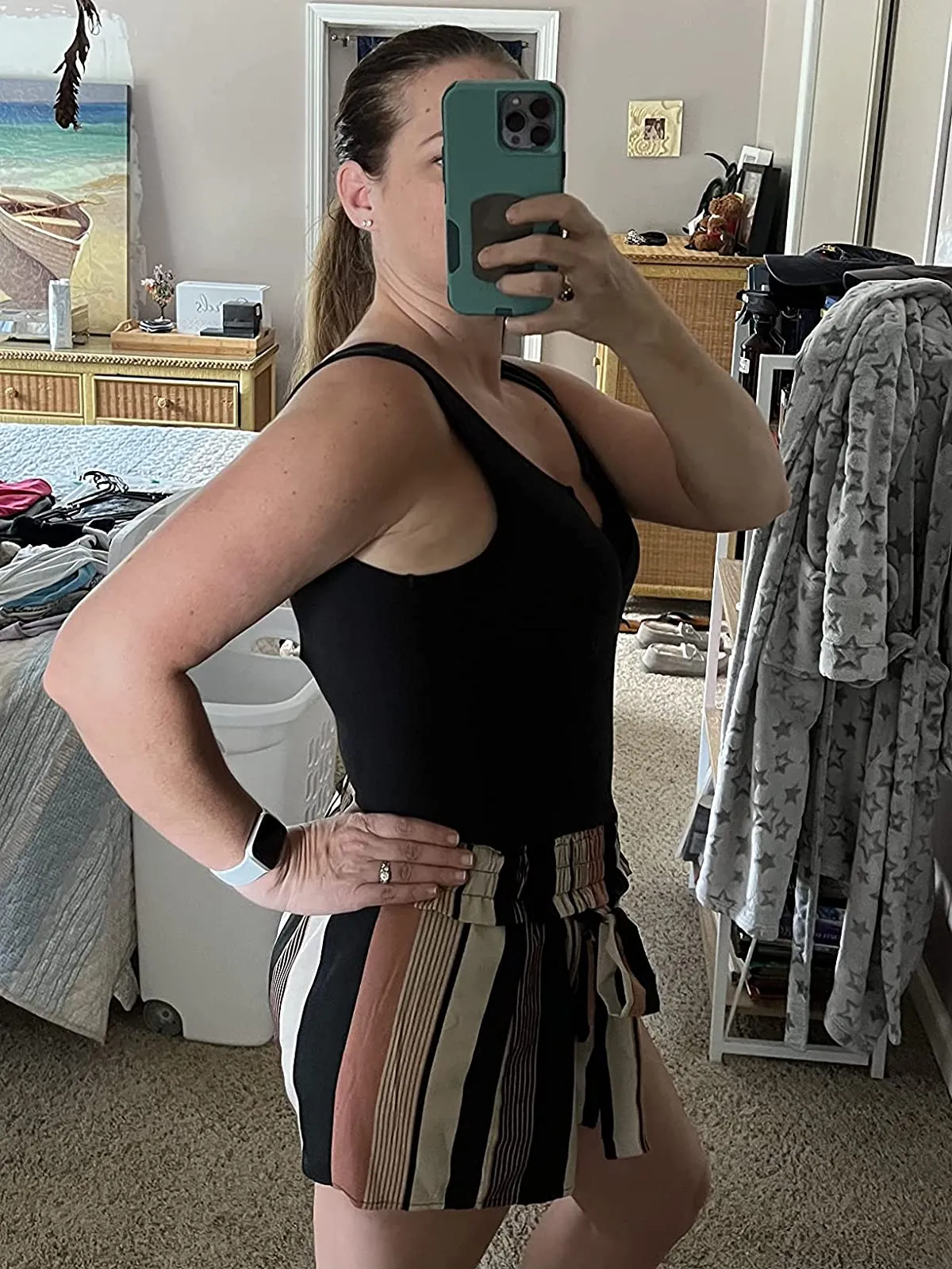 Army Green Black Summer Sleeveless Striped Belted Tank Romper Short Jumpsuit - SOLY HUX