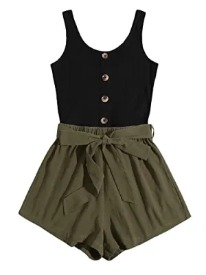 Army Green Black Summer Sleeveless Striped Belted Tank Romper Short Jumpsuit - SOLY HUX