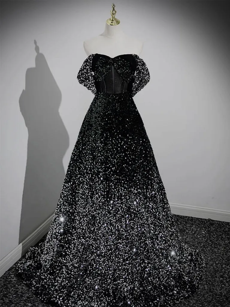 Black Sequins Off The Shoulder A-line Prom Dress