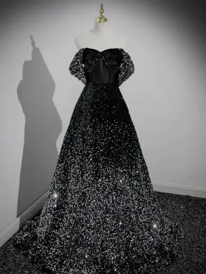 Black Sequins Off The Shoulder A-line Prom Dress