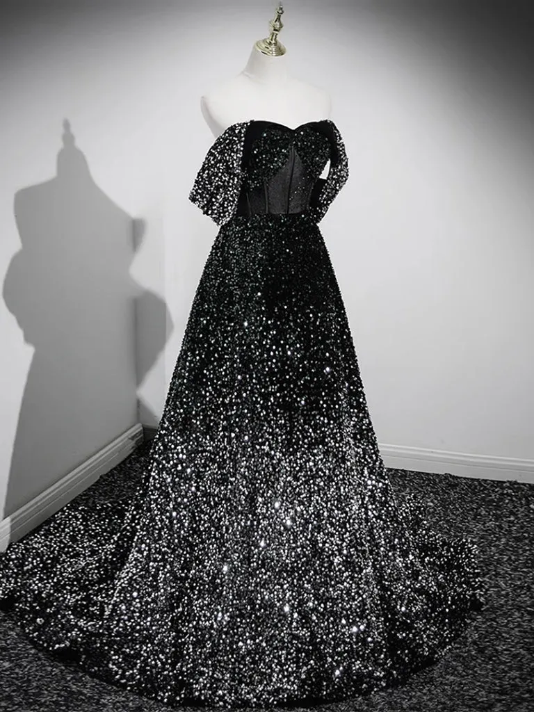 Black Sequins Off The Shoulder A-line Prom Dress