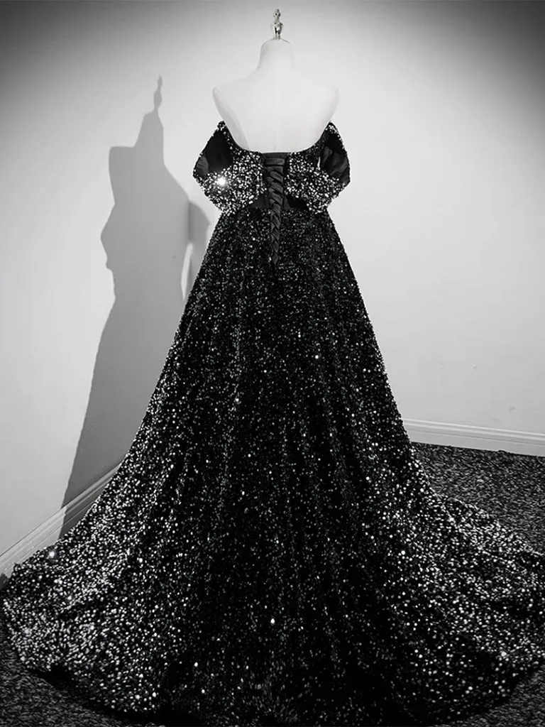 Black Sequins Off The Shoulder A-line Prom Dress