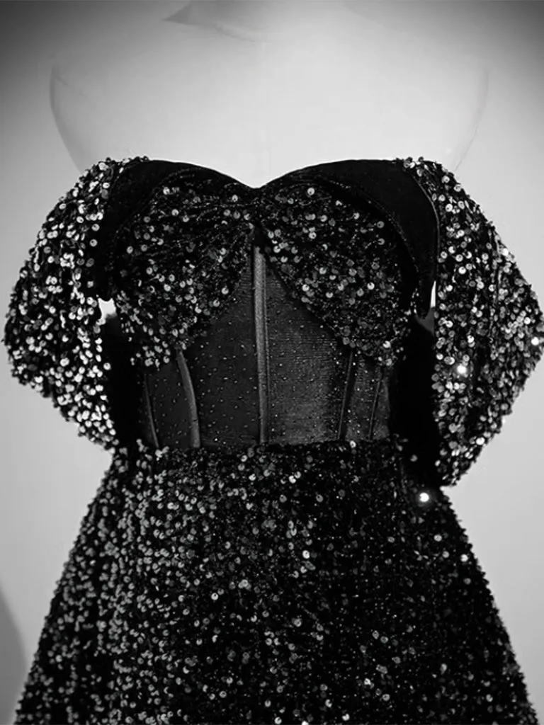 Black Sequins Off The Shoulder A-line Prom Dress