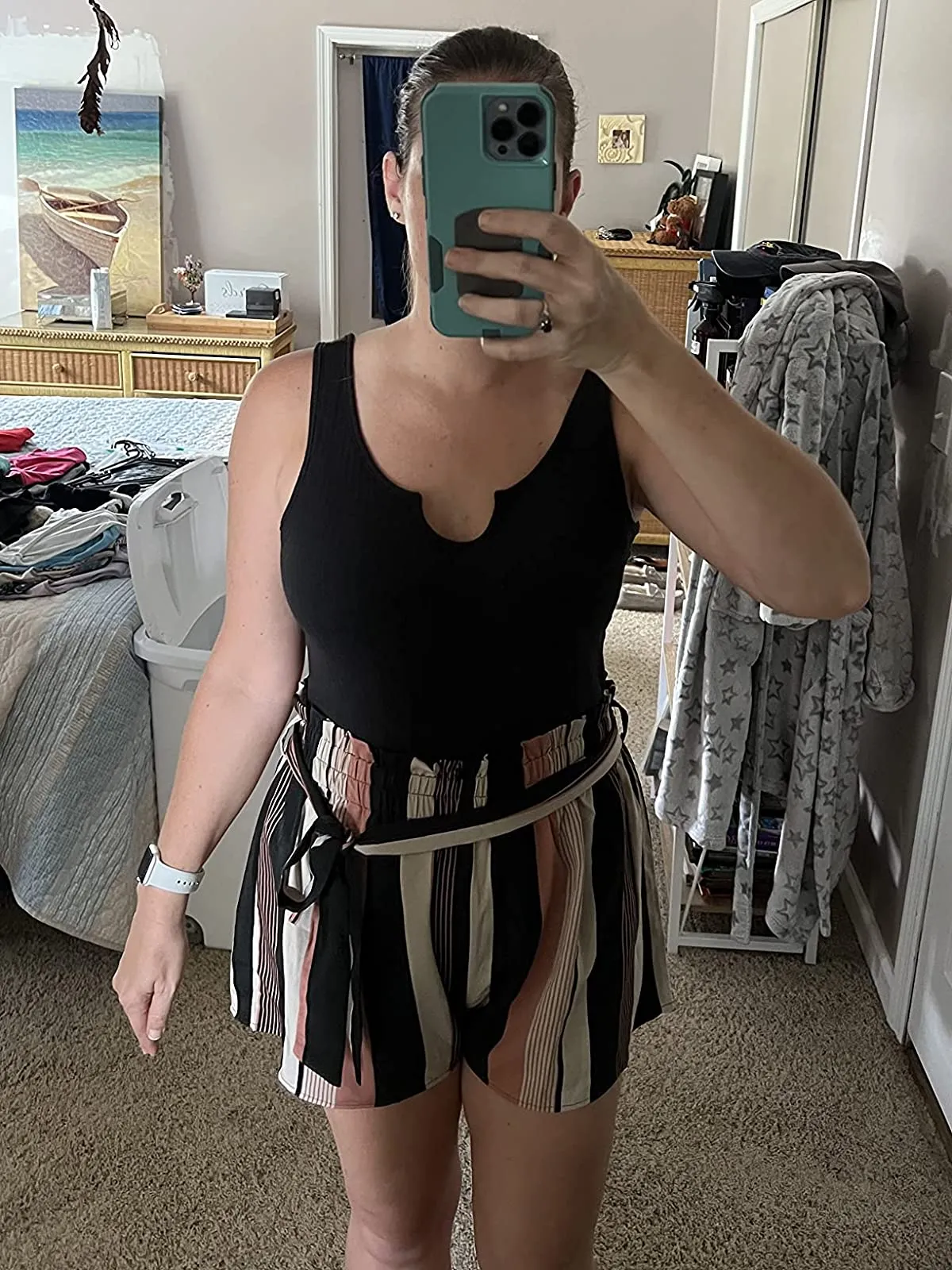 Black Striped Summer Sleeveless Striped Belted Tank Romper Short Jumpsuit - SOLY HUX