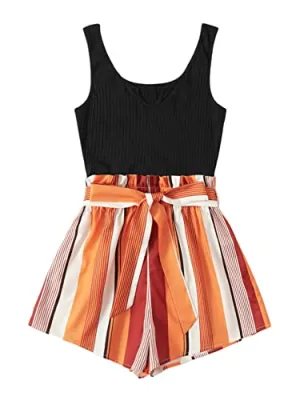 Black Striped Summer Sleeveless Striped Belted Tank Romper Short Jumpsuit - SOLY HUX