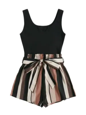 Black Summer Sleeveless Striped Belted Tank Romper Short Jumpsuit - SOLY HUX