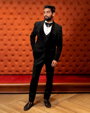 Black Thread Hand Work Blazer Suit Set In Cotton Silk