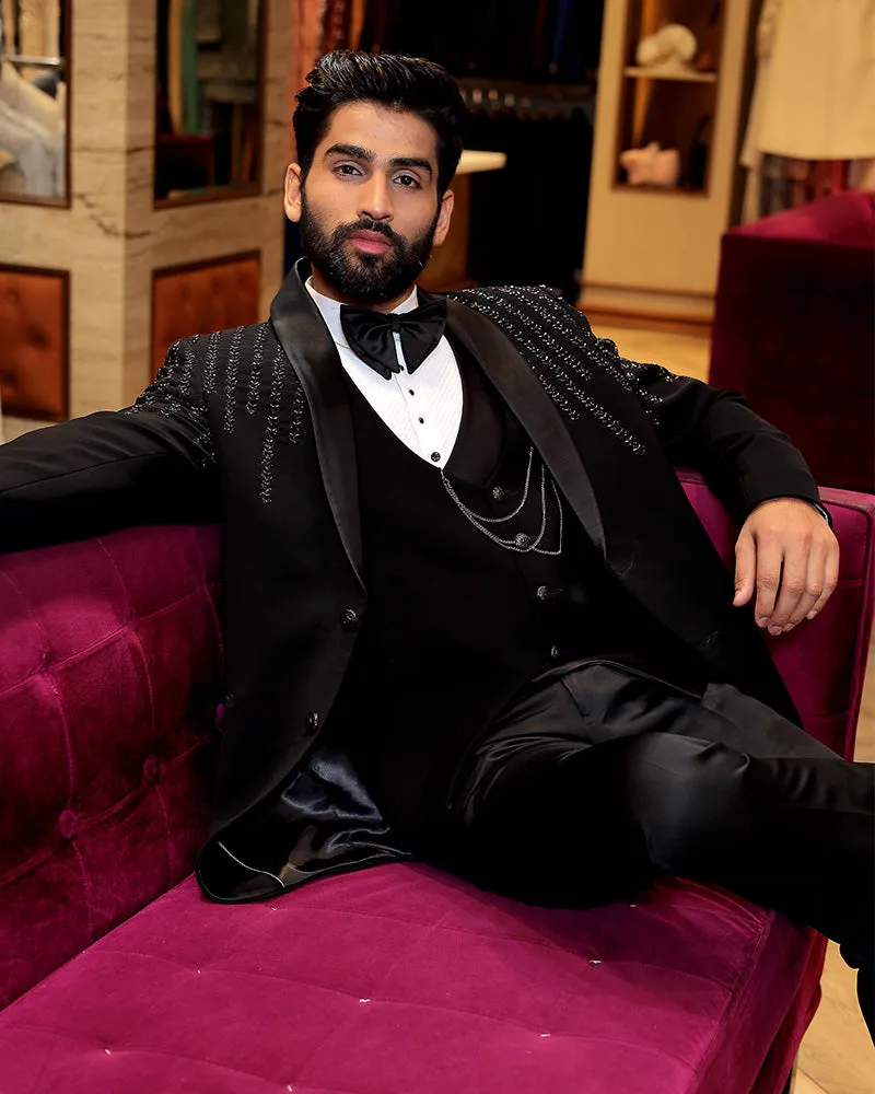 Black Thread Hand Work Blazer Suit Set In Cotton Silk