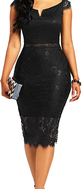 Black Women's Elegant Floral Lace Bodycon Cocktail Lace Dress - ALLANDWELL