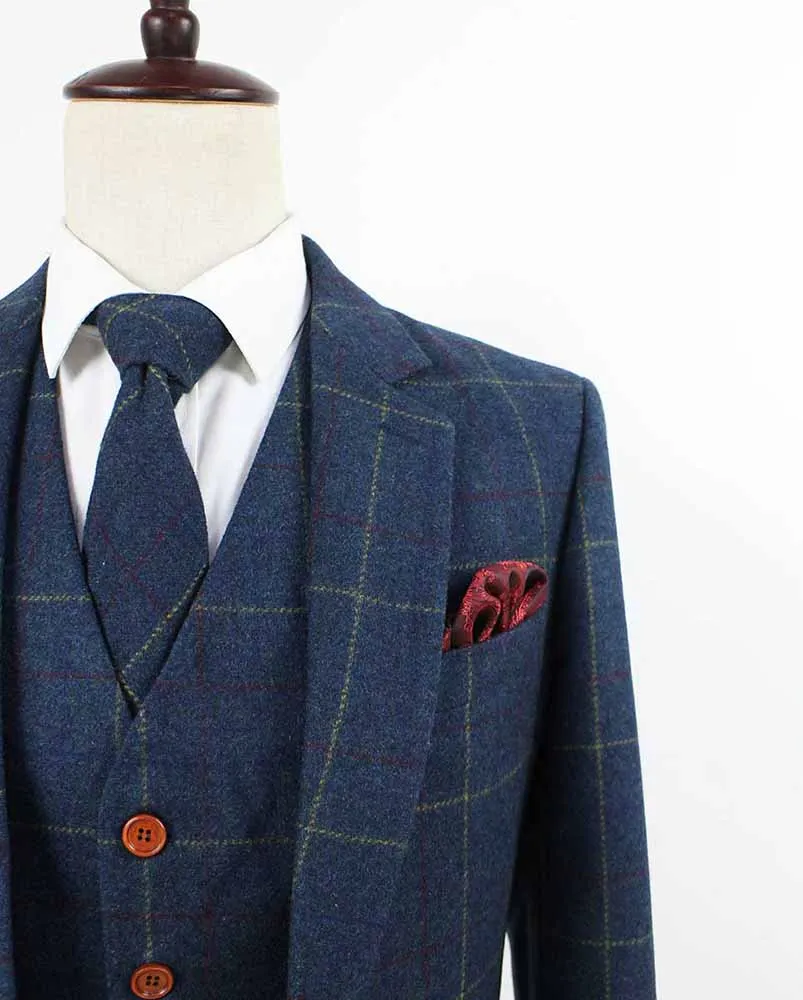 BLUE OVERCHECK PLAID TWEED 3 PIECE SUIT