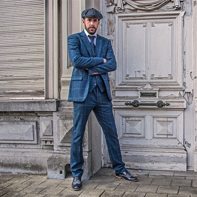 BLUE OVERCHECK PLAID TWEED 3 PIECE SUIT
