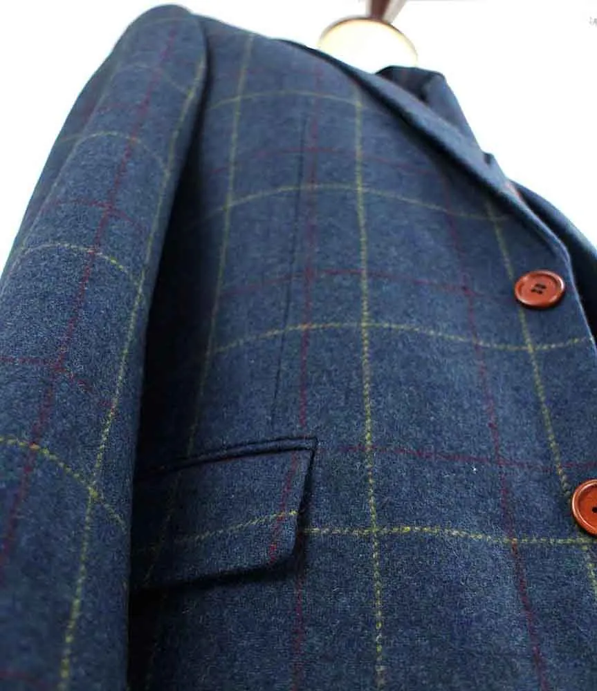 BLUE OVERCHECK PLAID TWEED 3 PIECE SUIT