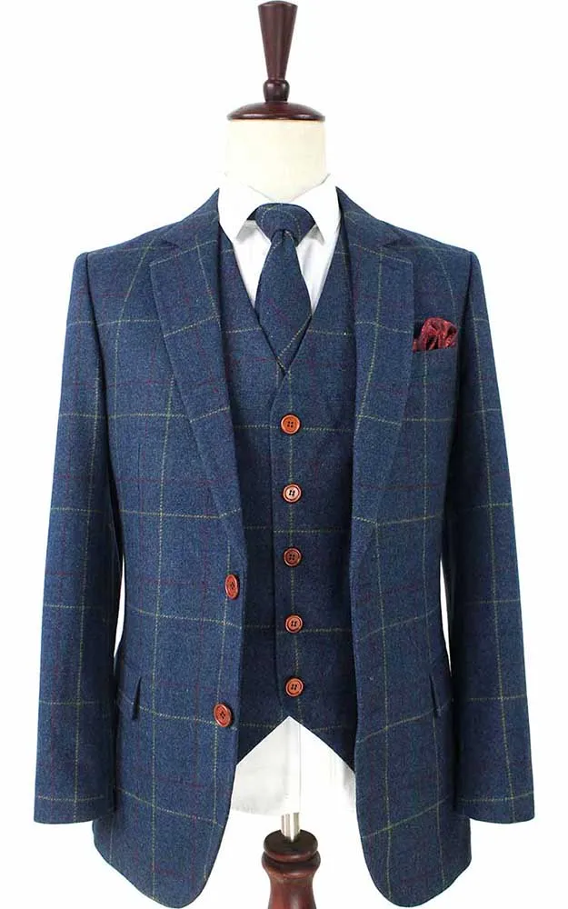 BLUE OVERCHECK PLAID TWEED 3 PIECE SUIT