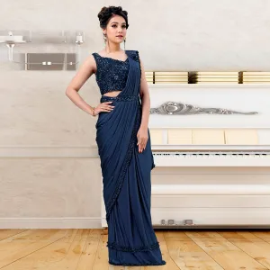 Blue Partywear Frill & Sequins Art Silk Ready to Wear Saree