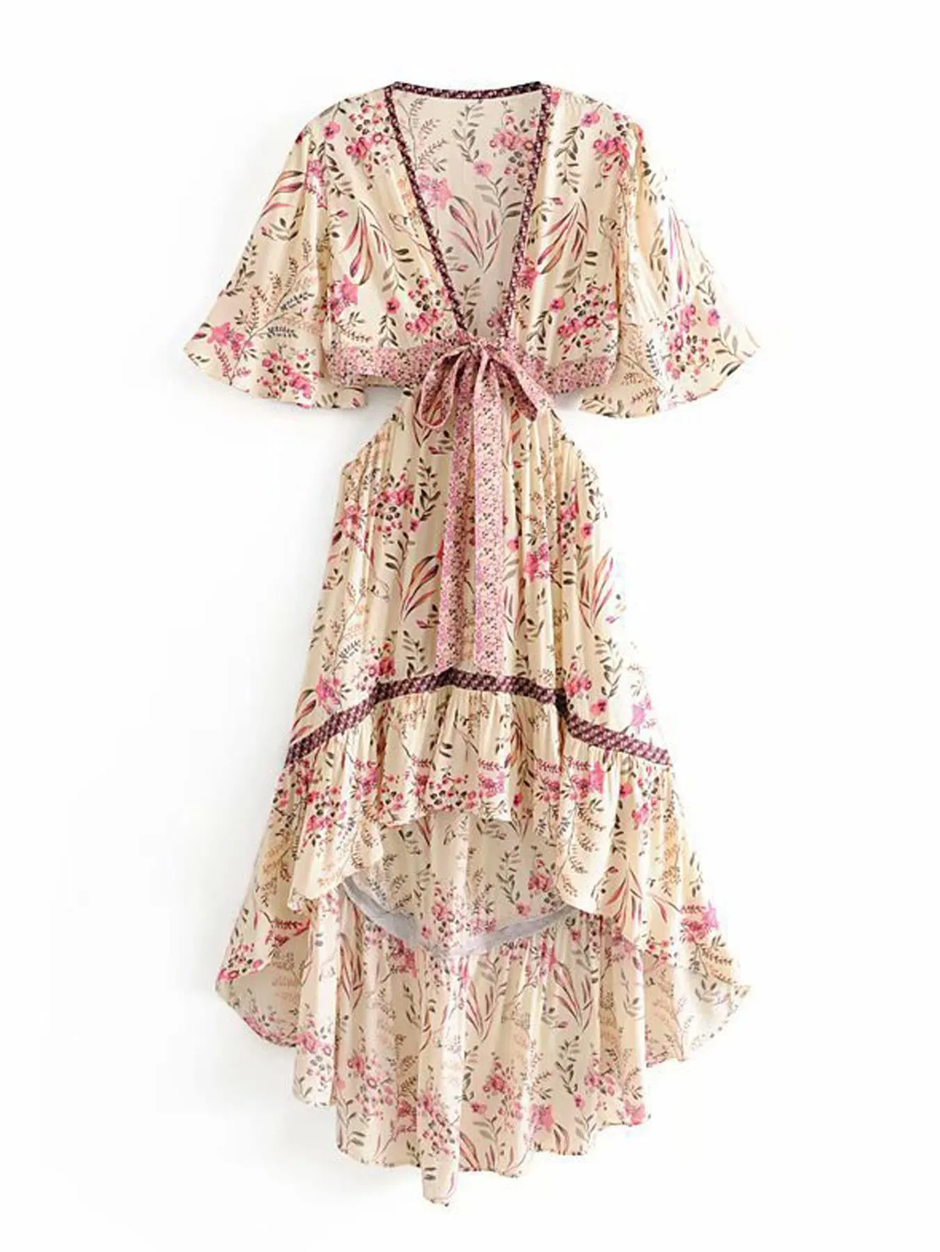 Bohemian High Low Maxi Dress With Back Detail In Pink Floral Print