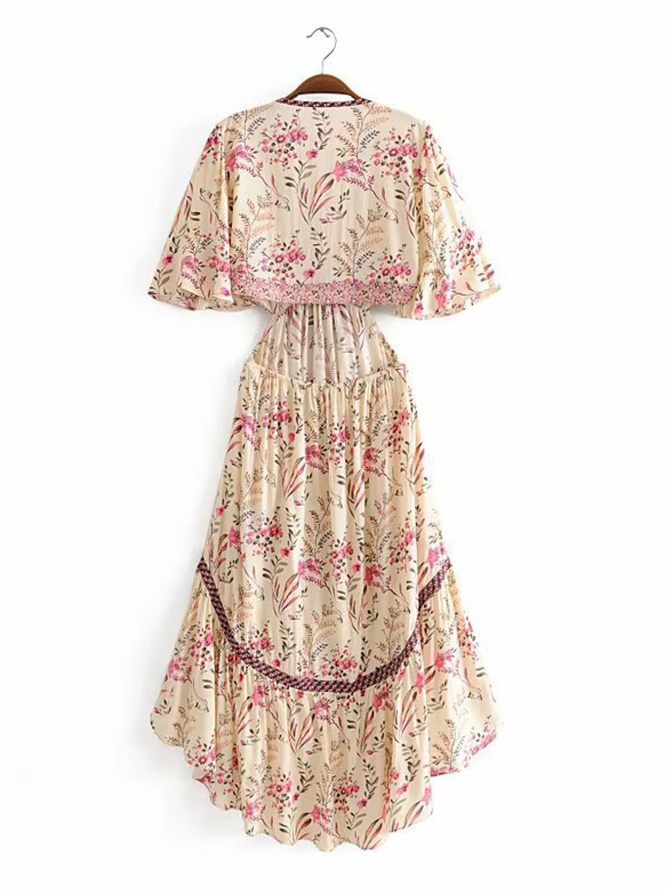 Bohemian High Low Maxi Dress With Back Detail In Pink Floral Print