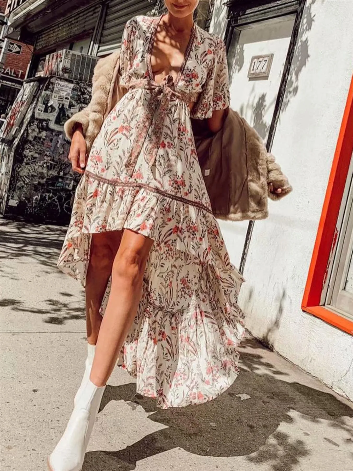 Bohemian High Low Maxi Dress With Back Detail In Pink Floral Print