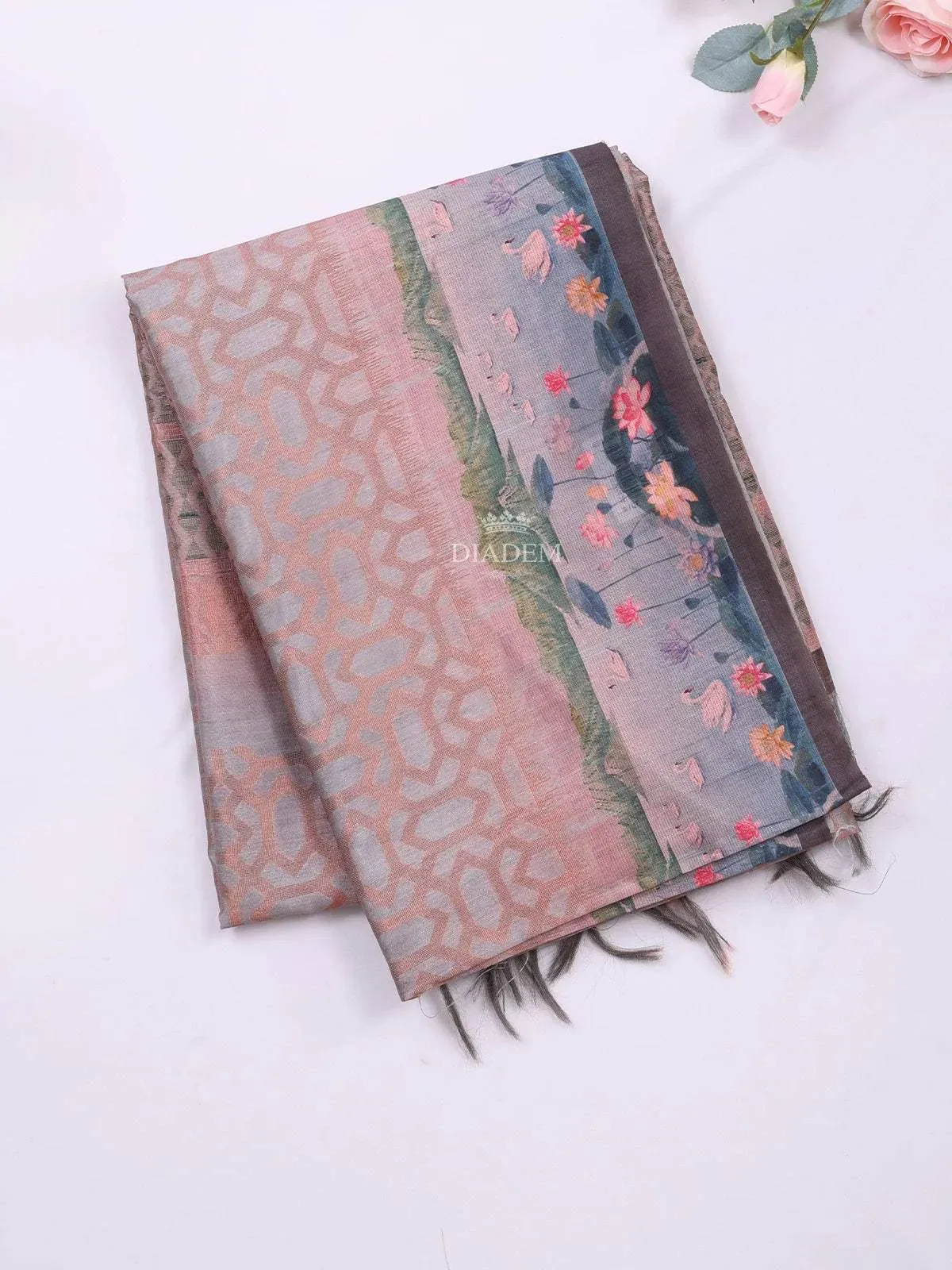 Brown Semi Tussar Silk Saree with Fancy and Floral Design on the Body and without Border
