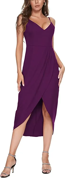 Burgundy Women's Sexy V Neck Backless Maxi Dress Sleeveless Spaghetti Straps Cocktail Party Dresses - CMZ2007