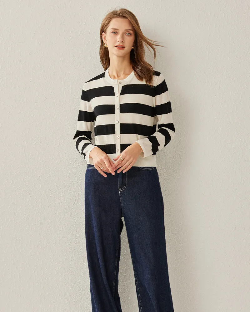 Button Up Wool Striped Knit Crew neck Cardigan