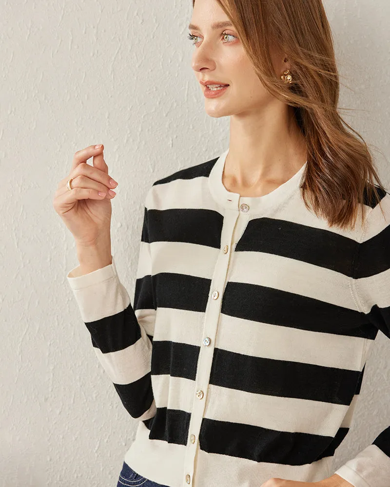 Button Up Wool Striped Knit Crew neck Cardigan