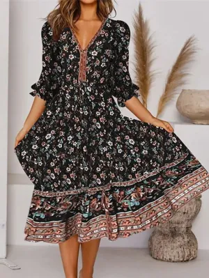 Casual Dress Ethnic Dress Swing Dress Midi Dress Black Half Sleeve Floral Print Summer Spring Crew Neck Stylish Loose Fit  S M L XL XXL for Women