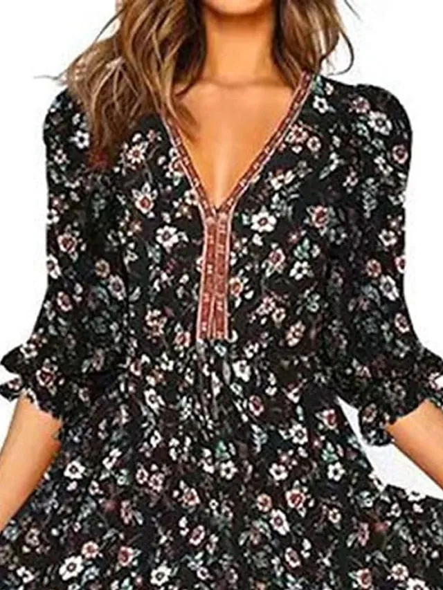 Casual Dress Ethnic Dress Swing Dress Midi Dress Black Half Sleeve Floral Print Summer Spring Crew Neck Stylish Loose Fit  S M L XL XXL for Women
