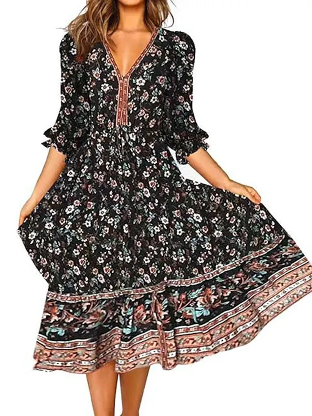 Casual Dress Ethnic Dress Swing Dress Midi Dress Black Half Sleeve Floral Print Summer Spring Crew Neck Stylish Loose Fit  S M L XL XXL for Women