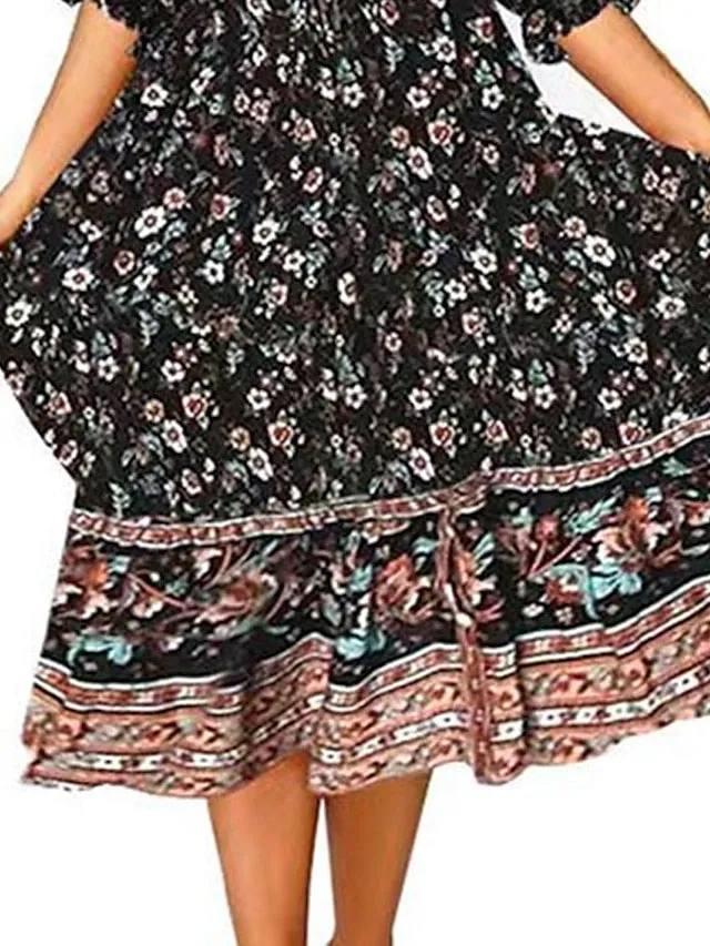 Casual Dress Ethnic Dress Swing Dress Midi Dress Black Half Sleeve Floral Print Summer Spring Crew Neck Stylish Loose Fit  S M L XL XXL for Women