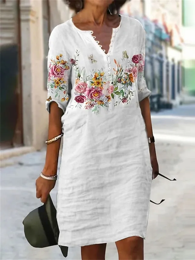 Casual Dress Shift Dress Floral Flower Button Print V Neck Midi Dress Modern Casual Outdoor Daily Half Sleeve Regular Fit White Summer Spring S M L XL 2XL for Women