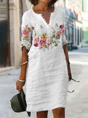 Casual Dress Shift Dress Floral Flower Button Print V Neck Midi Dress Modern Casual Outdoor Daily Half Sleeve Regular Fit White Summer Spring S M L XL 2XL for Women