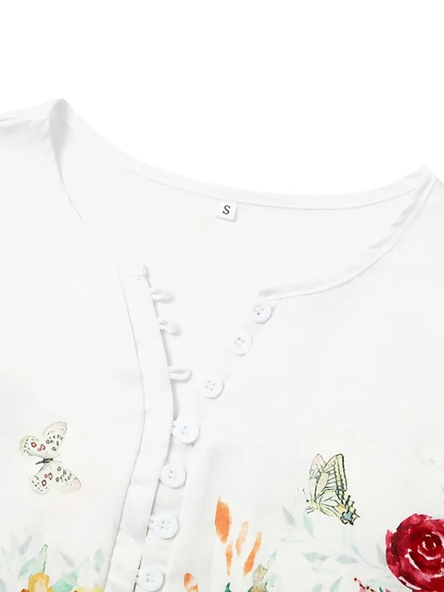 Casual Dress Shift Dress Floral Flower Button Print V Neck Midi Dress Modern Casual Outdoor Daily Half Sleeve Regular Fit White Summer Spring S M L XL 2XL for Women