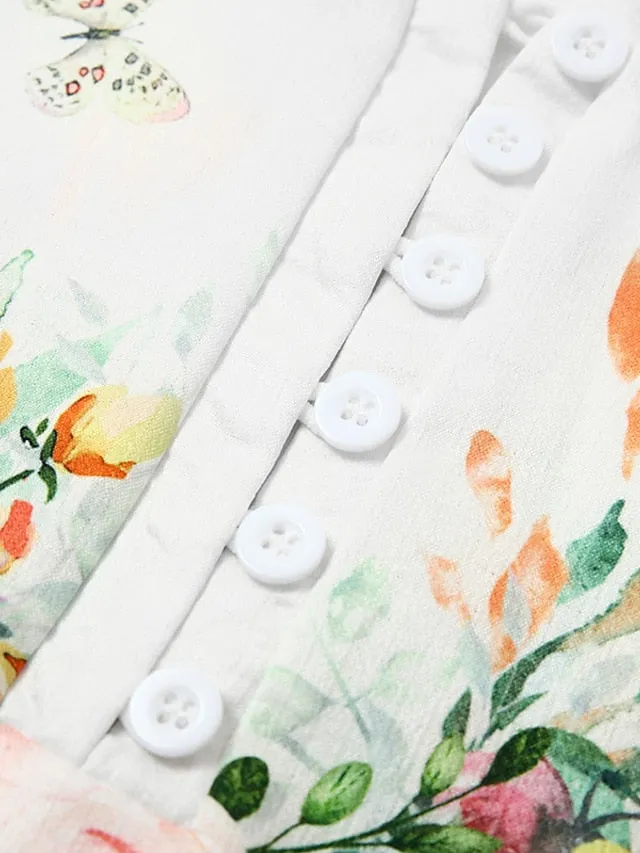Casual Dress Shift Dress Floral Flower Button Print V Neck Midi Dress Modern Casual Outdoor Daily Half Sleeve Regular Fit White Summer Spring S M L XL 2XL for Women