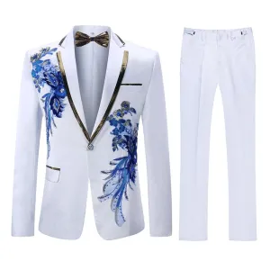 CGSUITS Men's Fashion Floral Applique White Blue & Black Blazer Suit Jacket & Pants Suit Set