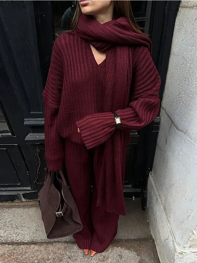 Classy Chelsey Knit 3 pieces set oversized wide leg pants