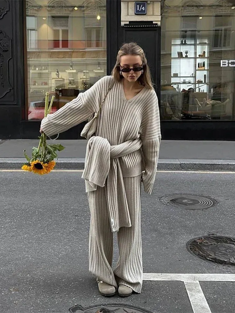 Classy Chelsey Knit 3 pieces set oversized wide leg pants