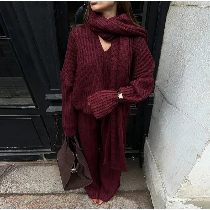 Classy Chelsey Knit 3 pieces set oversized wide leg pants