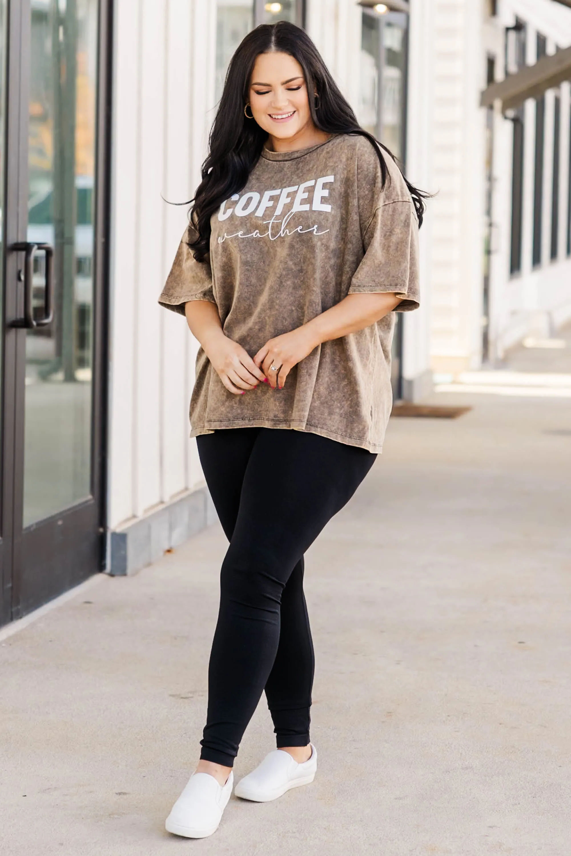 Coffee Weather Acid Wash Boyfriend Tee, Rust Brown