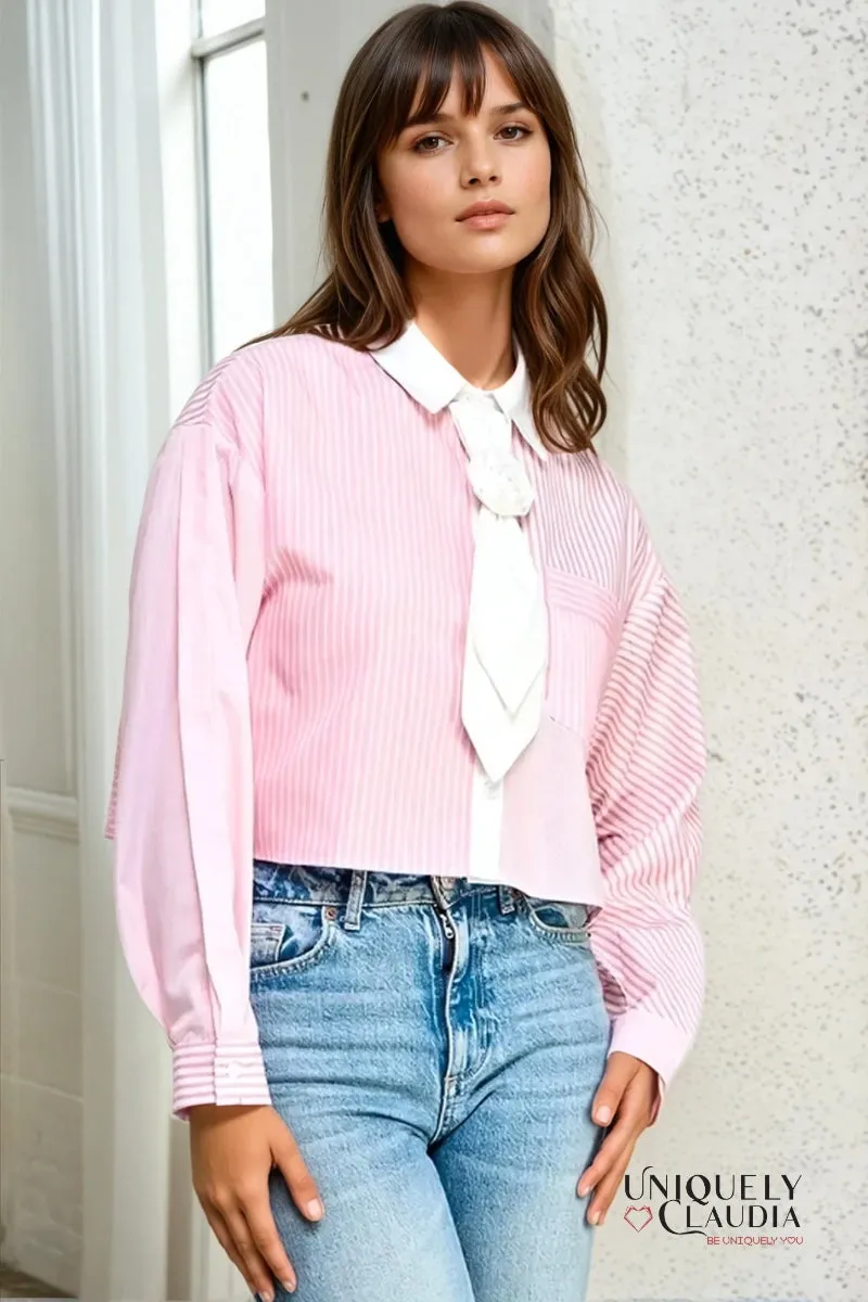 Ella Striped Collared Shirt With Rosette Tie