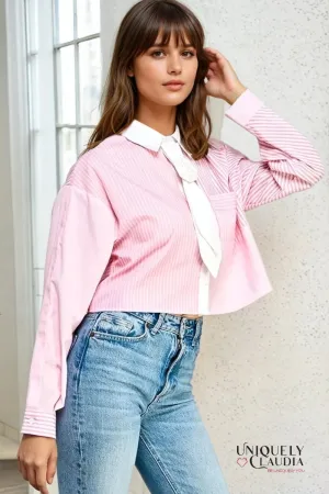 Ella Striped Collared Shirt With Rosette Tie