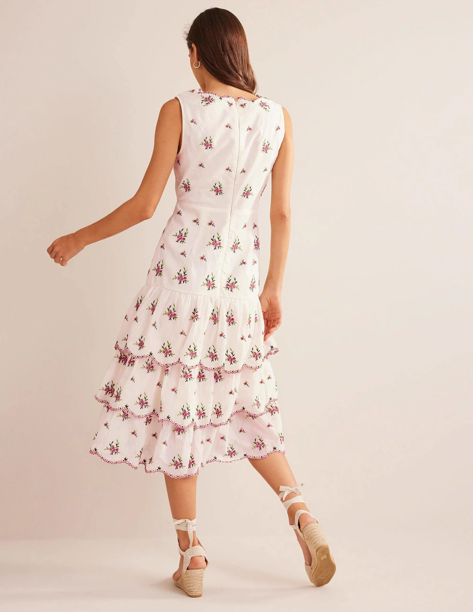 Embroidered Tiered Midi Dress-Ivory