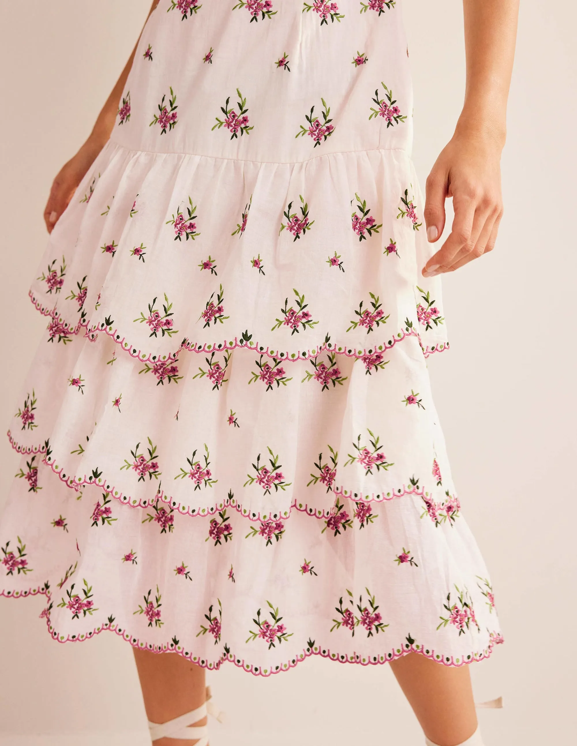 Embroidered Tiered Midi Dress-Ivory