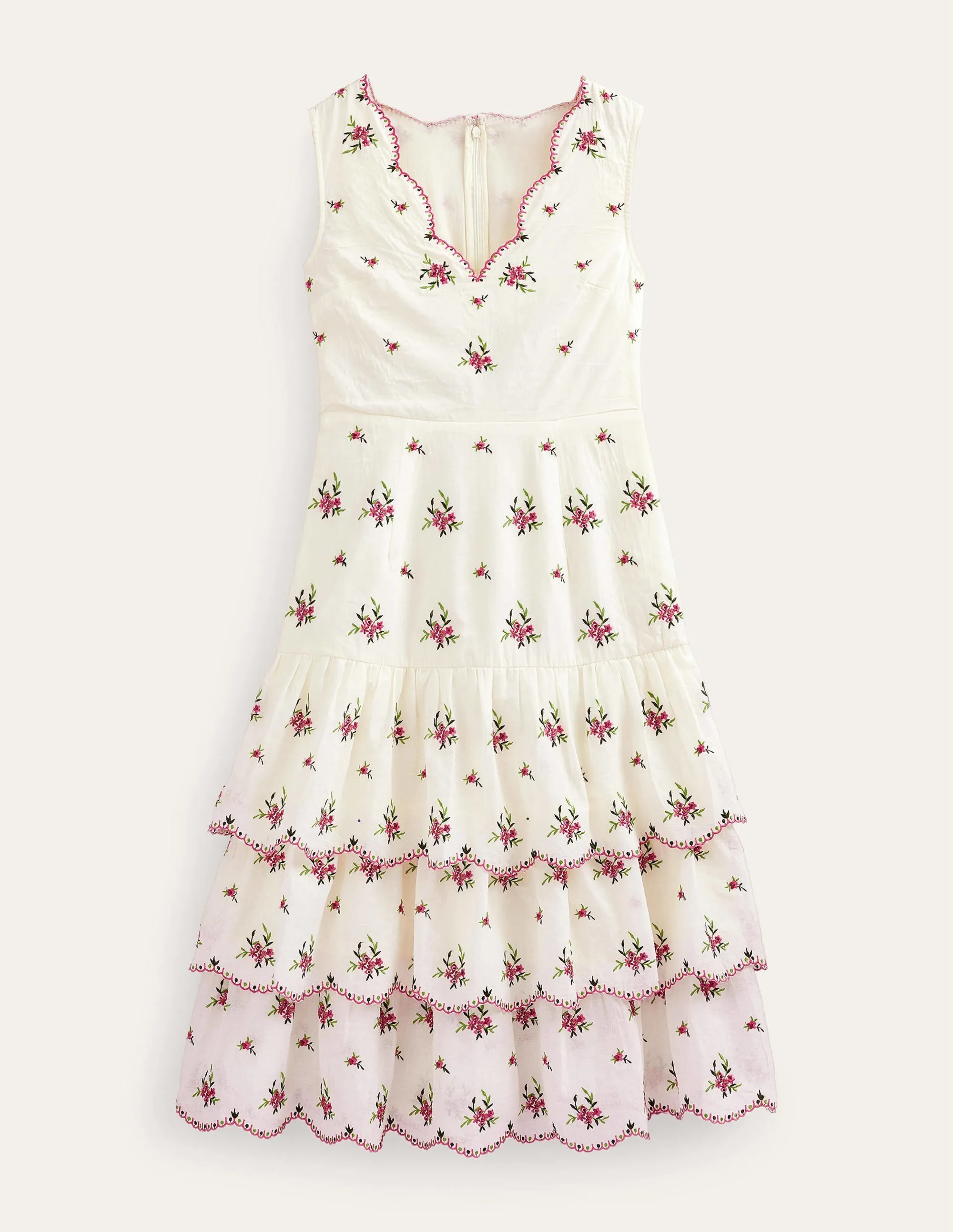 Embroidered Tiered Midi Dress-Ivory