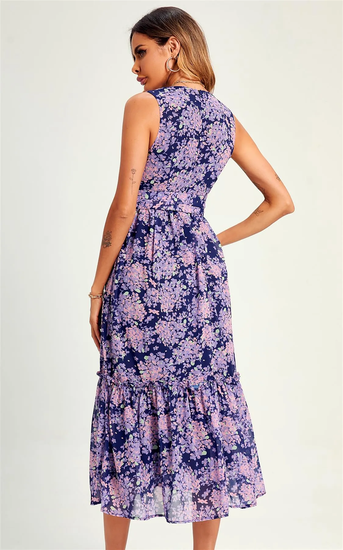 Flora Print V Neck  Midi Dress In Navy