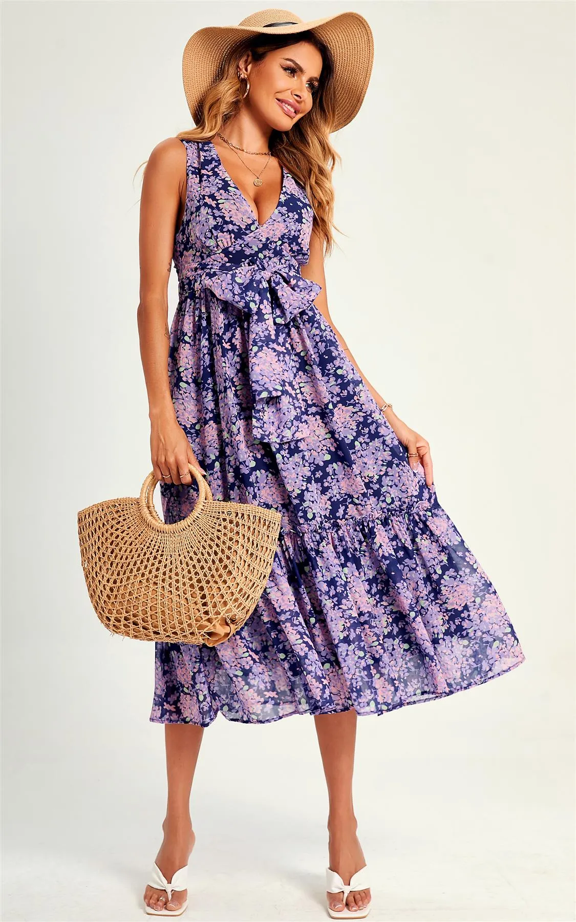 Flora Print V Neck  Midi Dress In Navy
